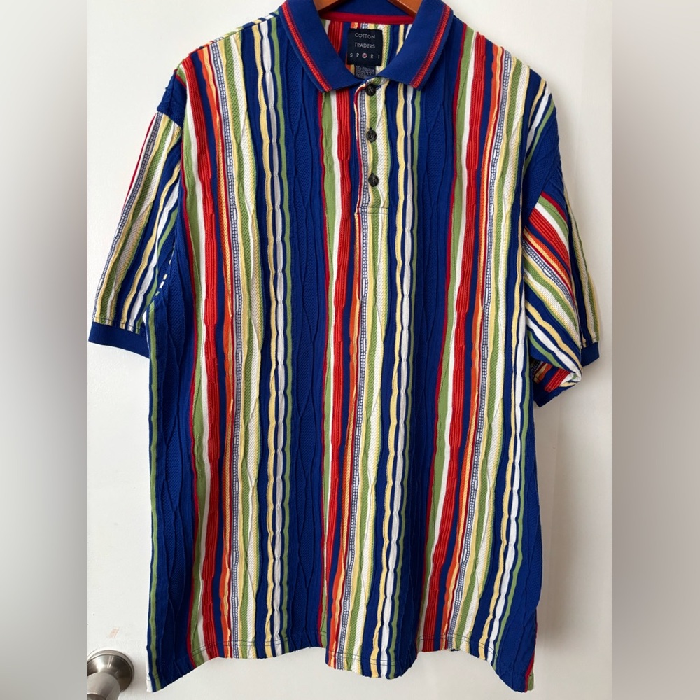 Vintage 90s Cotton Traders Sport Short Sleeve Textured Knit Colorful Polo XL